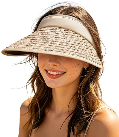 Clakllie Sun Visor Hats for Women Wide Brim Straw Visor UV Protection Summer Ponytail Beach Hat for Camping Hiking Running,SV2602-Khaki
