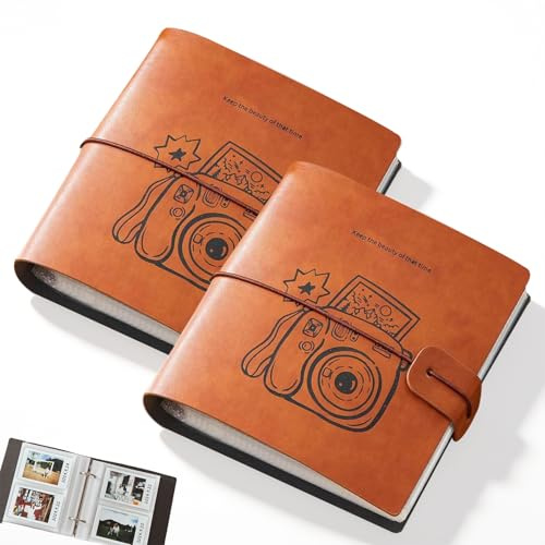 2 Pack Mini Fotoalbum, 200 Taschen (9 × 6 cm) Lederbezug Fotoalben Kleines Fotoalbum zum Einstecken for Polaroid Snap Fujifilm Instax Mini Square Album