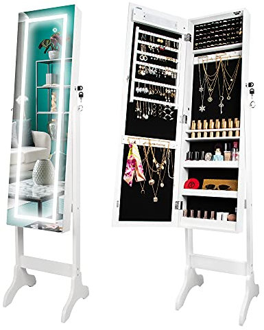 Ezigoo Standing Mirror Jewelry Cabinet with LED Light – Full Length Mirror with Ample Storage for Earrings, Necklaces, Rings, and Lipsticks