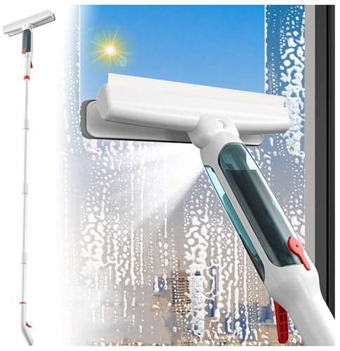 RYJYQYX 4 in 1 Sprüh Fensterputzer mit 41-190 cm 4-teiligem Verlängerungsstange, Teleskop Fensterwischer mit Abwassersammler und 5 Pads Sprühwischer für Fenster Dusche Auto