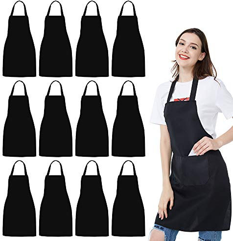 NOBONDO, Delantales unisex con 2 bolsillos espaciosos, lavables a máquina para cocina, manualidades, barbacoa o dibujo, 12 unidades, Negro