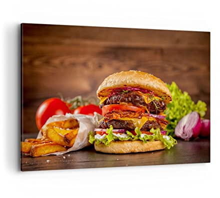 ARTTOR Leinwandbild 100x70cm Wandbild Küche - 3795 | Hamburger Sandwich Groß Wanddekoration Wohnzimmer Schlafzimmer Küche Wanddeko Wand Kunstdruck Wandkunst Wall Decor ARTTOR