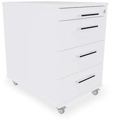 Rollcontainer 3 Schubladen + Materialauszug H 65 x B 43 x T 60 cm | Bürocontainer in Weiß | Schreibtischwagen abschließbar | Schubladenschrank für Schreibtisch aus eigener Fertigung