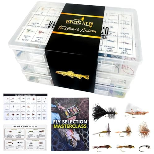 Ventures Fly Co. | 200 Premium Hand Tied Fly Fishing Flies Assortment | Three Fly Boxes Included | Dry, Wet, Nymphs, Streamers, Wooly Buggers, Terrestrials | Trout, Bass Lure Set, Kit