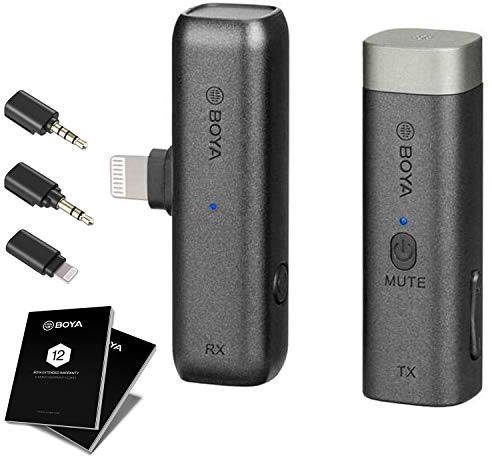 BOYA BY-WM3D 2.4GHz microfono senza fili con adattatore IOS certificato MFI, adattatore TRS e TRRS da 3,5 mm e custodia di ricarica compatibile con dispositivo iOS, DSLR e videocamera…