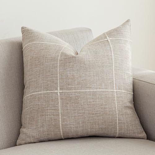 vctops Rustic Lattice Cotton Linen Decorative Throw Pillow Cover Embroidery Square Cushion Cover Pillowcase for Sofa Bedroom Couch (Plaid Coffee,18x18)