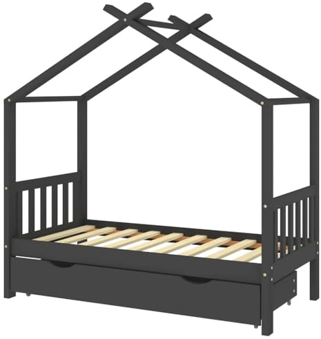 vidaXL Kinderbett mit Schublade, Kinder Bettrahmen für Kinderzimmer, Kinder Bettgestell mit viel Stauraum, Spielzeug Kinderhaus, Dunkelgrau 80x160 cm Massivholz Kiefer