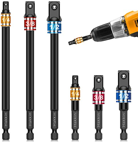 Impact Socket Adapter Set Hakkin 6Pcs Impact Driver Socket Adapter 3 6 Extension Bit 1/2 3/8 1/4 Drive Power Drill Converter for Drill, Torque Wrench