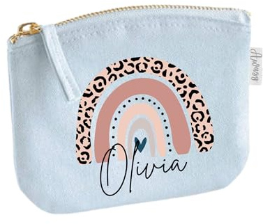 minimutz Schminktasche für Mädchen mit Regenbogen & Name | Motiv Rosa Leo inkl. Namensdruck|Personalisierter Kulturbutel Kosmetiktäschchen Organizer Damen S (14x11 cm) Pastellblau