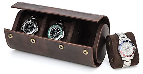 Hiram Uhrenkoffer aus echtem Leder für 3 Uhren, handgefertigt, aus echtem Leder, Reise-Uhrengehäuse, flexibles Kissen, Schlitz-Montage-Design