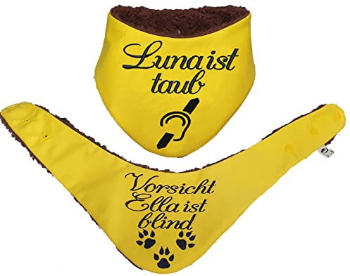 Hundehalstuch für blinde oder taube Handicap Hunde mit Name gelb Größe XXS XS S M L XL XXL XXXL WUNSCHNAME Halstuch Hund Tuch Telefonnummer (Jeans gelb)