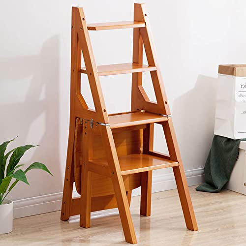 XHALERY Wooden Ladder Chair, Foldable Ladder Stool Shelf 4 Tier Folding Step Chair Bookshelf Portable Foot Stairs Stool Multifunction Plant Stand For Kitchen Office Home Use