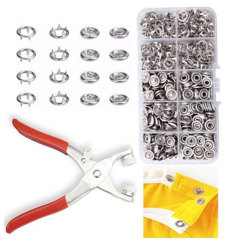 GTAAOY Bottoni a pressione in metallo, 9,5 mm, con pinza, 100 pezzi | Kit di strumenti a pressione per tessuti, vestiti per bambini, bavaglini, camicie, tappezzeria, artigianato