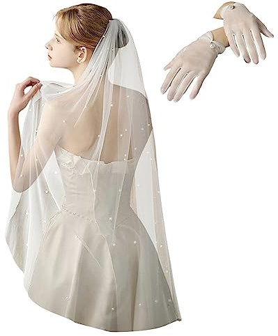 Schleier und Handschuhe für Braut mit kurzen Spitzenhandschuhen 1 Tier Tüll Perlen Schleier Langer weißer Hochzeitsschleier (A9), weiß, Einheitsgröße