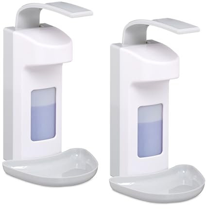 Relaxdays Desinfektionsspender, 2er Set, 500 ml, für Desinfektionsmittel & Seife, Eurospender mit Tropfschale, weiß/grau