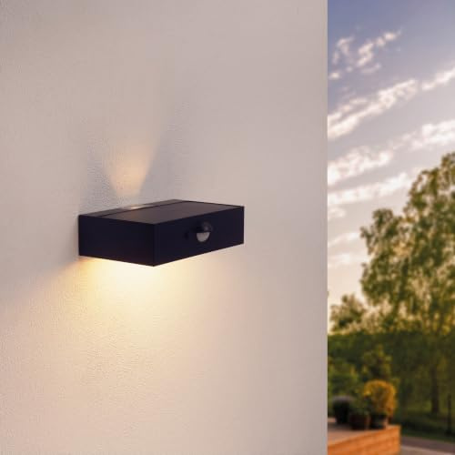 Ledvion Moderne Solar-Wandleuchte mit Bewegungssensor, Schwarz, 3W, 3000K, IP65 Wasserdicht & 220 Lumen, Bewegungserkennung & Dämmerungsschalter, Energieeffizient & Wetterfest | Ohne festen Stromanschluss nutzbar und praktisch für Gartenweg Zaun Terrasse oder Beet
