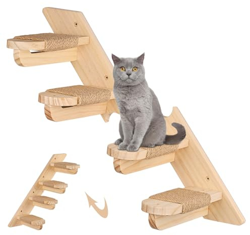 Mur Escalade Chat Étagère d’Escalade Murale pour Chat - 4 Marches Escalier pour Chat Interieur - Échelle Murale en Bois et Sisal - Lot de 2