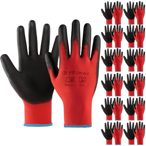 Velway Guanti da Lavoro Protettivi 12 Paia - Resistenti all'Abrasione - Fibra Poliestere con Rivestimento in PU - Versatile Protezione Meccanica Industriale Giardinaggio Montaggio - Rosso Taglia 10/XL