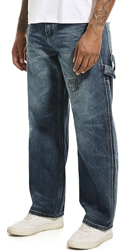 MZNBURAM Men's Non-Stretch Loose Fit Wide-Leg Baggy Jeans Pants (36, B#Medium Blue)