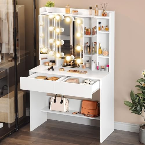 YITAHOME Schminktisch mit Beleuchtung, Einstellbarer Helligkeit, Frisiertisch mit Spiegel 2 Schubladen, Schminktische mit 3 Türen, Modern Make up Tisch mit Schmuckablage Verstellbaren Ablagen, Weiß