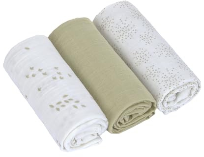 LÄSSIG Coperta Puck per neonati Panno di garza Set di 3 pezzi in cotone 60 x 60 cm/Swaddle & Burp Blanket M Leave olive/milky