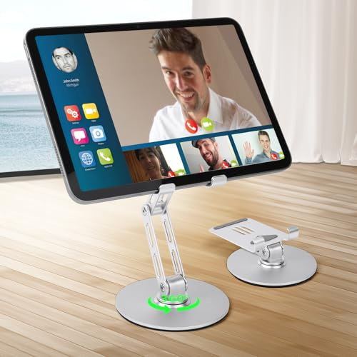 HOTUT Surfplattestativ, Ipad-stativhållare, hopfällbar hållare, justerbar roterande skrivbordshållare, med 360 graders roterande bas, höjdjusterbar, iPad/iPad Pro/Air, iPhone, Galaxy Tab, silver