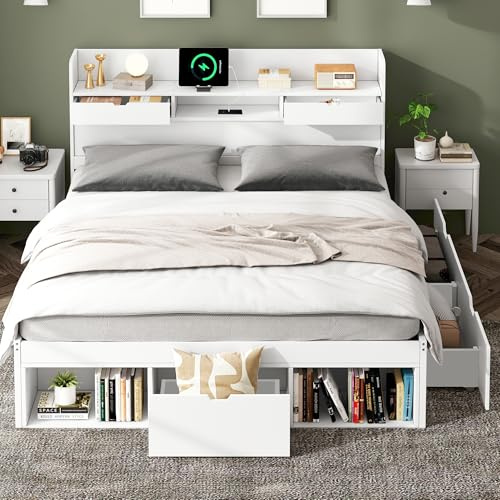 Sapgaks Doppelbett 160 x 200 cm, USB-Schublade, Bettkasten, Lattenrost, Stauraum, weiß