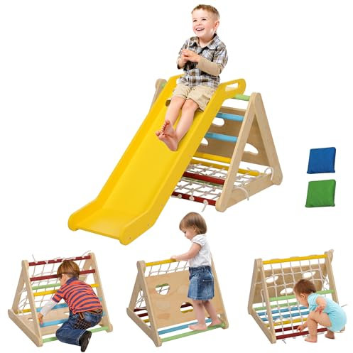 AIYAPLAY 4 in 1 Klettergerüst Set mit Rutsche, Kletterdreieck zum Rutschen und Klettern, Kletterspielzeug aus Holz, für Kinder 1,5-4 Jahre, Indoor, Mehrfarbig