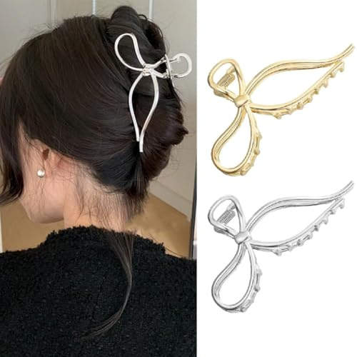 2PCS Metal Bow Hair Claw Clips Gold and Silver Hair Clips Cute Medium Hair Jaw Clamps Stylish Hair Accessories for Women and Girls