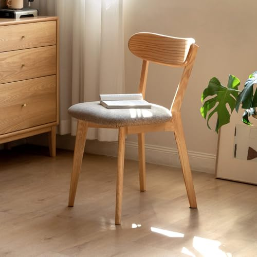 Vadisun 100% Solid Oak Dining Chairs, Mid Century Modern Dining Chair with Curved Backrest, Fabric Upholstered Dining Chairs for Kitchen, Study, Living Room (1, Original Wood-Gray Cushion)