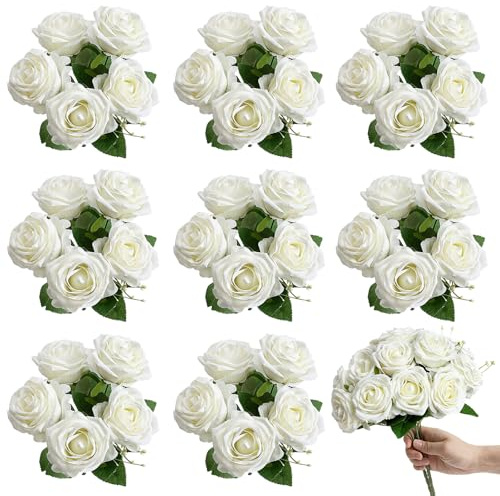 Nagobi Artificial Roses Bouquets - 8 Bundles Fake Silk Flowers Realistic Faux Florals Bulk for Wedding Bridal Party Baby Shower Event Home Arrangements Centerpieces Decorations (White)
