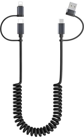 BASESAILOR for iPhone 17 16 Pro Max Car Charger Cable Coiled 1M,4 in 1 USB C to USBC 60W Multi Type C CarPlay Fast Charging Coil Cord with USB/Lightning Adapter for Apple 15 14 13 11 Plus,S25,iPad Air