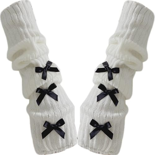 Licsaliwe 17 x 3 Zoll süße weiße Armstulpen mit Schleife Halbfinger-Armstulpen für Damen langärmelig weiße Pulswärmer Strick- Geschenke für Frauen und Mädchen Schwarze Schleife