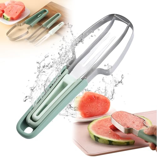 2025 Neu Wassermelonen Schneider 3-in-1 Melonenschneider, Obstschneider aus Edelstahl, Obstgabeln-Schneidemesser, Sommer Wassermelonen-Fruchtschneidegabel (Grün)