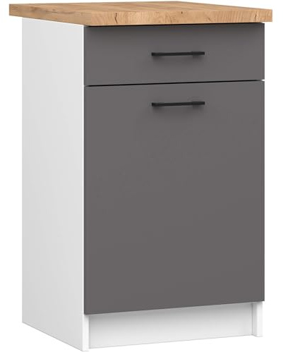 AKORD Küchen-Unterschrank OLIWIA 50 cm | mit 1 Tür und 1 Schublade | Küchenschränke | Geräumig | Für kleine Küche | Für eine Küchenzeile | B50 x H85 x T46 cm | Gewicht 27,40 kg | Weiß & Graphitgrau