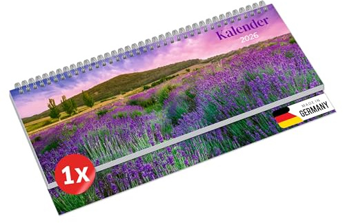 PRIMUS PRINT Tischkalender 2026 Quer Wochenkalender – 112 Seiten Terminkalender und Jahreskalender – 297x130mm – 75g Naturpapier, Drahtkammbindung, Feiertage und Schulferien - [Einzeln - Lavendel]