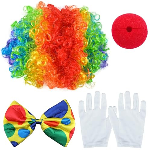 Sikweny 4 Stück Art Clown Kostüm Accessoires Mehrfarbig Set Zirkus Stil | Clownsnasen Rot, Perücke Fliege Weiße Handschuhe Kinder für Halloween Karneval Bühnenauftritte Theateraufführungen