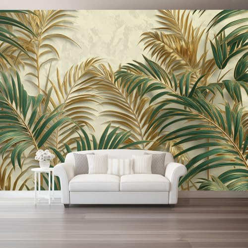 Papel pintado Patrón De Hoja De Palma 300 x 210 cm, Estilo 3D Póster fotográfico mural papel pintado moderno decoración de pared sala de estar dormitorio oficina habitación infantil, Oro Verde