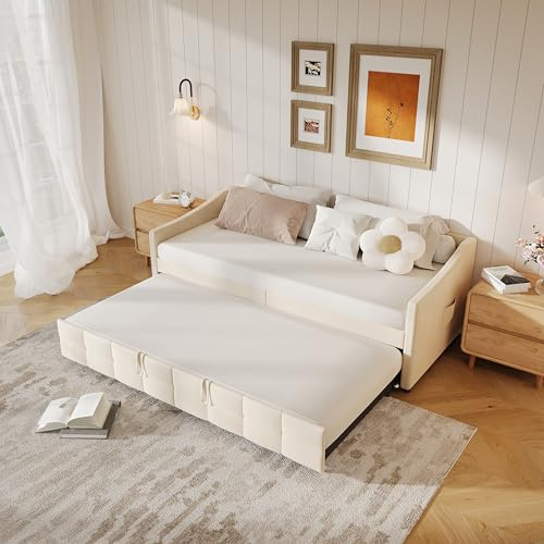 Yeutre Canapé Lit 2 Places Convertible 90x200 cm, Lit Canape 2 Personnes avec Lits Gigogne, Sommier à Lattes, Canapé-lit Extensible pour Adulte et Adolescent, Velours, sans Matelas (Beige)