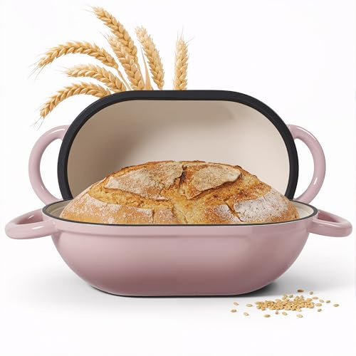 2 QT Oval Dutch Oven for Bread Baking, Enamelled Cast Iron Bread Oven for Sourdough, Sourdough Loaf Pan with Lid, Heavy-Duty Non Stick Bread Pan for Homemade Bread Baking, Pink