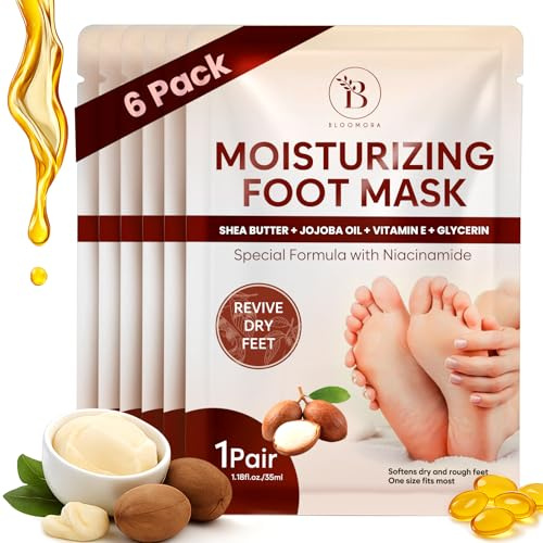 Maschera per Piedi Idratante, Cura per Talloni Screpolati con Burro di Karité, Olio di Jojoba e Vitamina E, Maschera Piedi Secchi Screpolati, (6 Paia)
