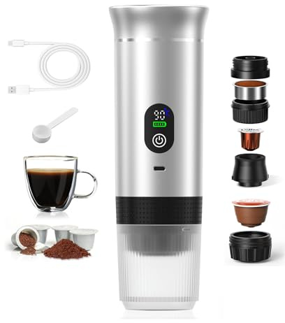 Aischens Caffettiera Portatile Riscaldamento Rapido 80ml 20 Bar (Argento) | Display Intelligente Temperatura Compatibile Cialde & Caffè Macinato, 7500mAh USB-C, Ideale per Viaggi & Ufficio
