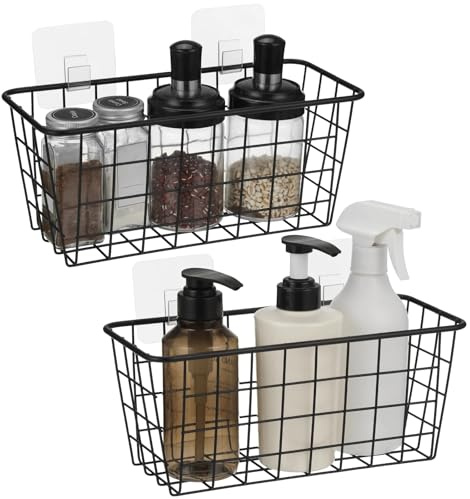 yeesport 2 Pack Black Wire Storage Baskets, Wall Mounted Carbon Steel Storage Bins with Traceless Adhesive, Small Pantry Baskets for Kitchen, Bathroom, Office, 11 x 4.7 x 4.7 Inch