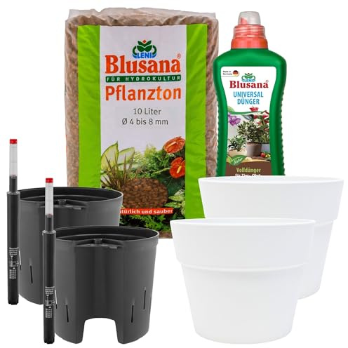 Leni Classic Hydrokultur Komplett-Set Ø 26 cm Höhe 22 cm 2er-Pack Weiß | Übertopf mit Pflanzton und Dünger, Blumentopf, Hydro-Bewässerungssystem mit Kulturtopf und Gießanzeige, für Zimmerpflanzen