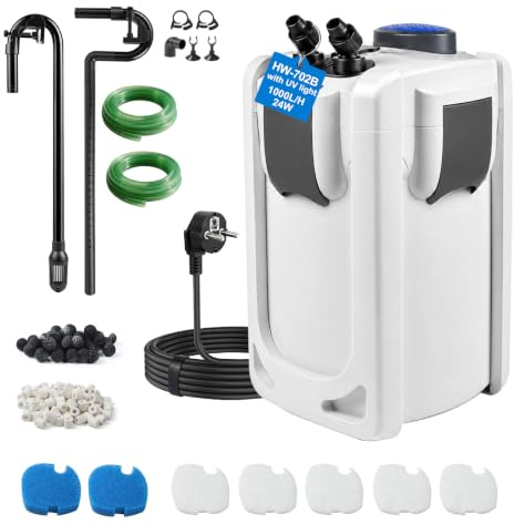 EXLECO Außenfilter Aquarium 1000L/H 24W mit UVC Klärer 9 W | Filter für Aquarien, Aussenfilter Aquariumfilter, 3 Stufen Kanisterfilter, Kammerfilter mit Filtermaterial, Schlauch, HW-702B