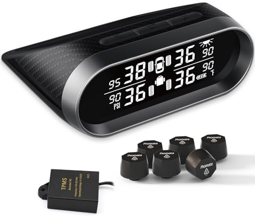 Promata TPMS with 6 Pre-Paired Sensors for Light Truck,IP67 Waterproof, Automatic trailer hook-drop function,Tyre Pressure Monitor with 6 Alarms & Car Battery Voltage for Caravan RV and Travel Trailer