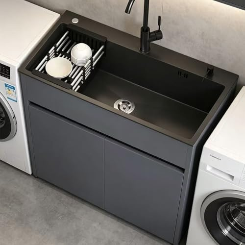 Fregadero Autoportante Exterior con Mueble de Aluminio Panal de Abeja, Lavabo de Acero Inoxidable con Grifo Mezclador y Dispensador de Jabón, para Garaje o Jardín, Gris,68x45x85 cm