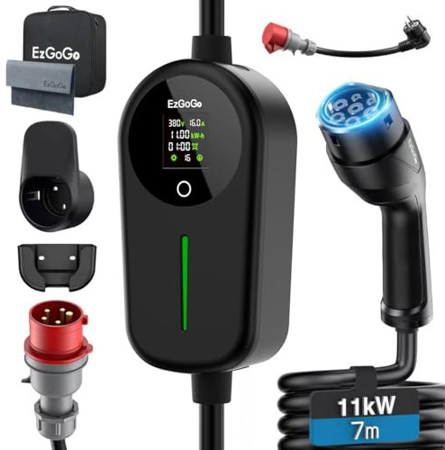 EzGoGo Mobile Wallbox 11kW Ladegerät Typ 2 (3-phasig) mit 7m Ladekabel CEE 16A auf Typ 2 inkl. Alltags-Adapter-Set | EV Ladestation [6/8/10/13/16A] | Hochwertiger IP65 Schutz | Für EVs & PHEVs