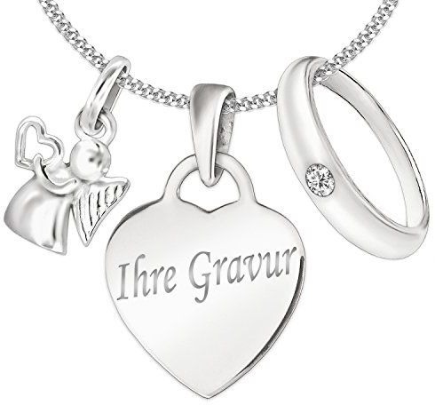 CLEVER SCHMUCK Halskette mit Gravur 3 Silberne Anhänger kleines Mini Herz 13 mm + Engel 10 mm + wählbarem Zirkonia-Taufring + Kette Sterling Silber 925