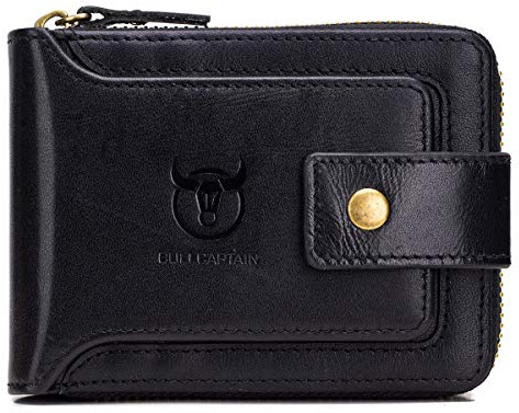 BULLCAPTAIN Genuine Leather Wallet for Men Large Capacity ID Window Card Case with Zip Coin Pocket QB-231 (Black)